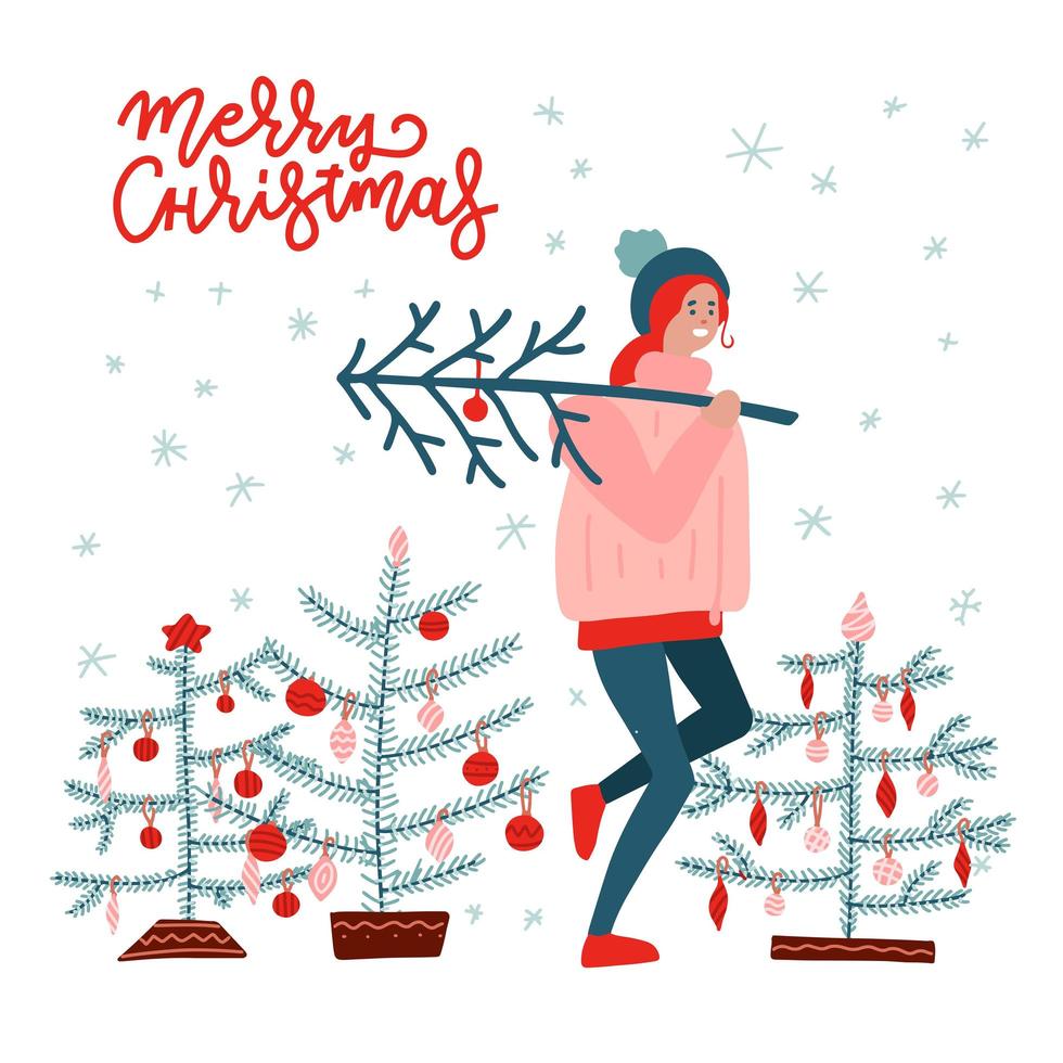 Mädchen, das einen Weihnachtsbaum trägt. Frohe Weihnachten und ein glückliches Neues Jahr. Menschen bereiten sich auf das neue Jahr vor. Grußkartenszene. vektor flache hand gezeichnete illustration
