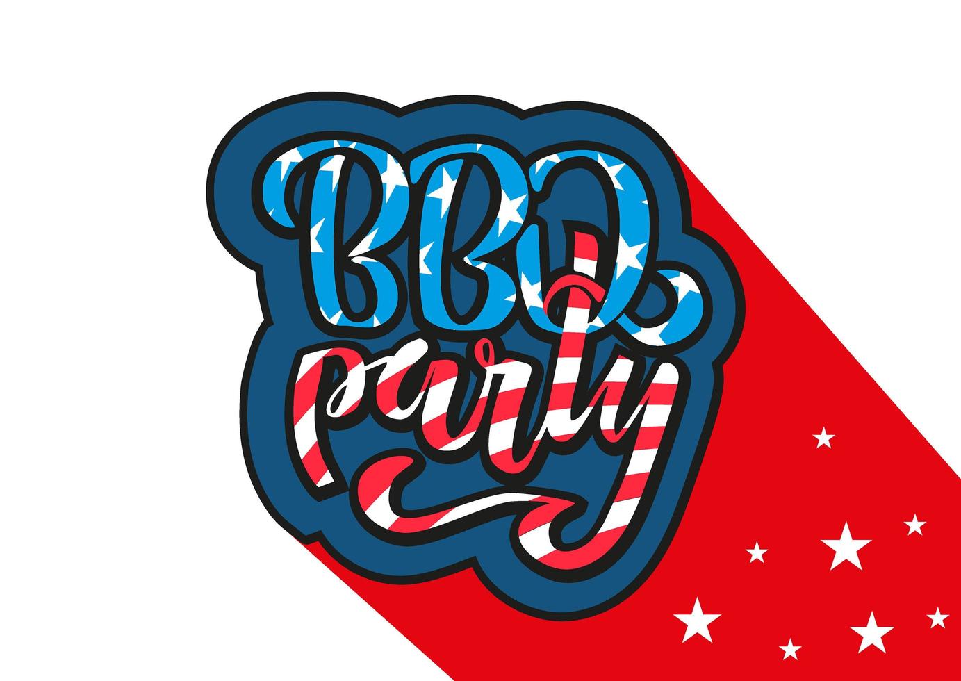 4. juli bbq party schriftzug einladung zum amerikanischen unabhängigkeitstag grillen mit dekorationen am 4. juli sterne, flaggen, feuerwerk auf weißem hintergrund. vektor handgezeichnete illustration.