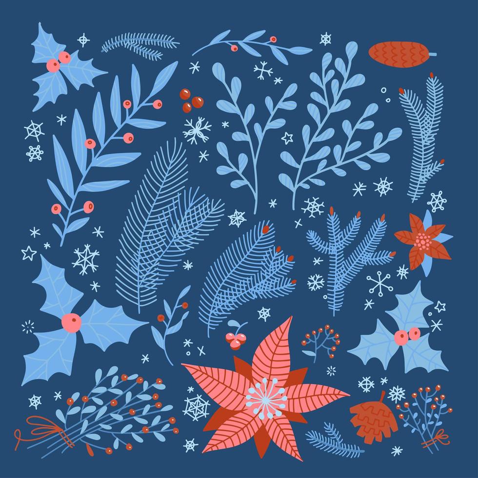 winter- und weihnachtsstilisierte dekorative blattdesigns aus weihnachtsstern, stechpalmenbeere, fichte, baumbrunch mit schneeflocken. feiertag festliches set im flachen handgezeichneten stil. isoliert im blauen Hintergrund vektor