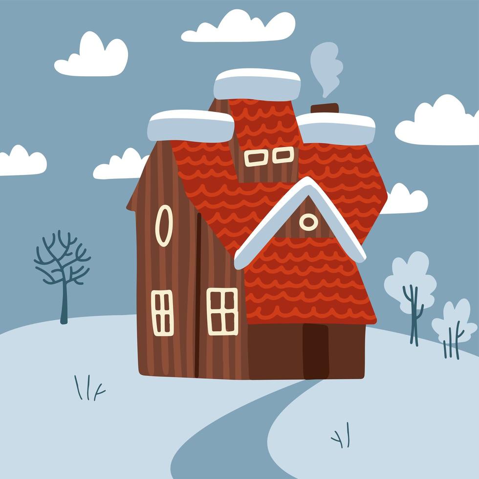 vinter äng landskap natursköna med litet hus med skorstensrök. snöterräng med träd och moln... platt stil vektorillustration. vektor