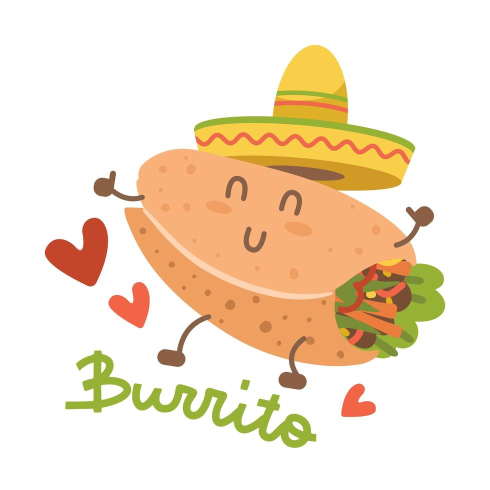 Burrito im mexikanischen Hut Sombrero. Zeichentrickfigur Essen. isoliertes Bild auf weißem Hintergrund. comic trendige kawaii person. Vektor flache Emoticon-Illustration mit Schriftzug