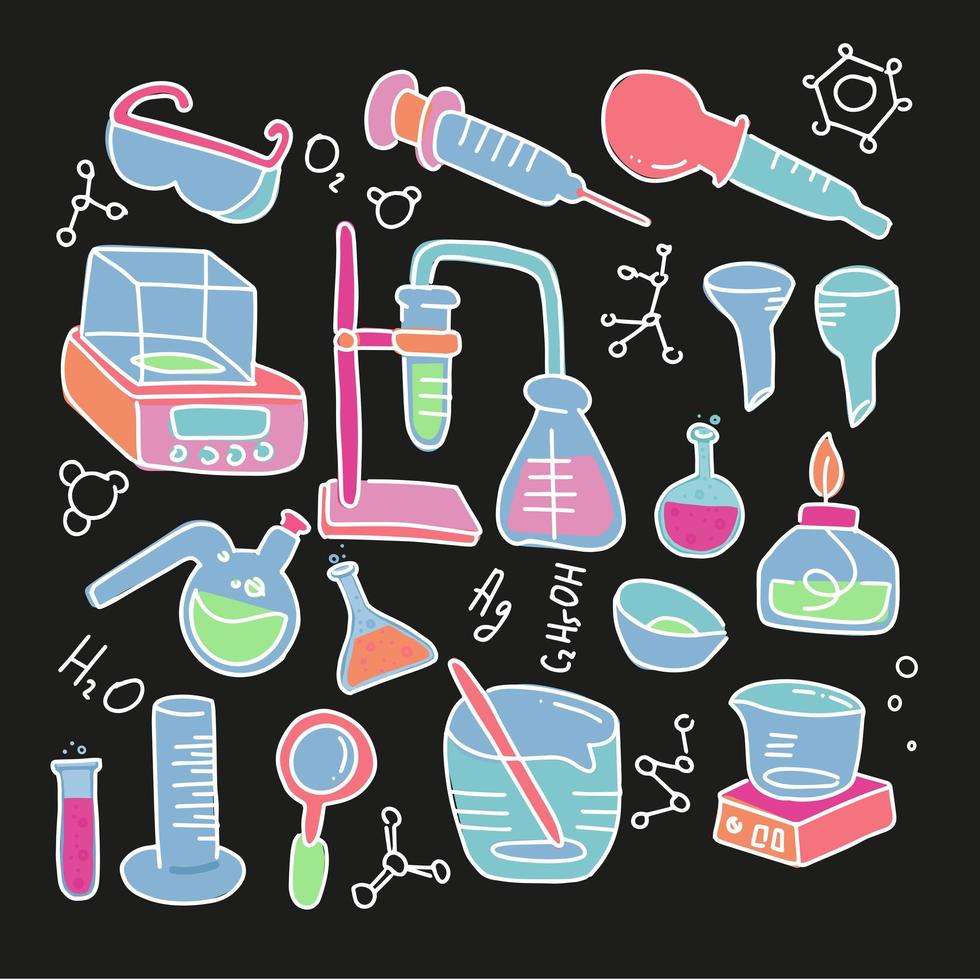 kemi dekorativa färg handritade ikoner set med kemiska labb vetenskapliga experimentutrustning isolerade vektorillustration på svarta bakgrunder. barn uppsättning laboratorieutrustning i doodle stil vektor