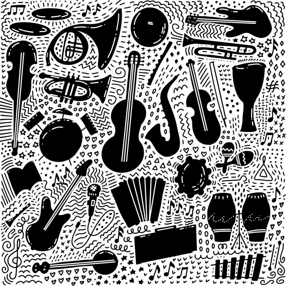uppsättning handritad musiktema isolerad på vit bakgrund, svart doodle uppsättning musikinstrumenttema. vektor illustration