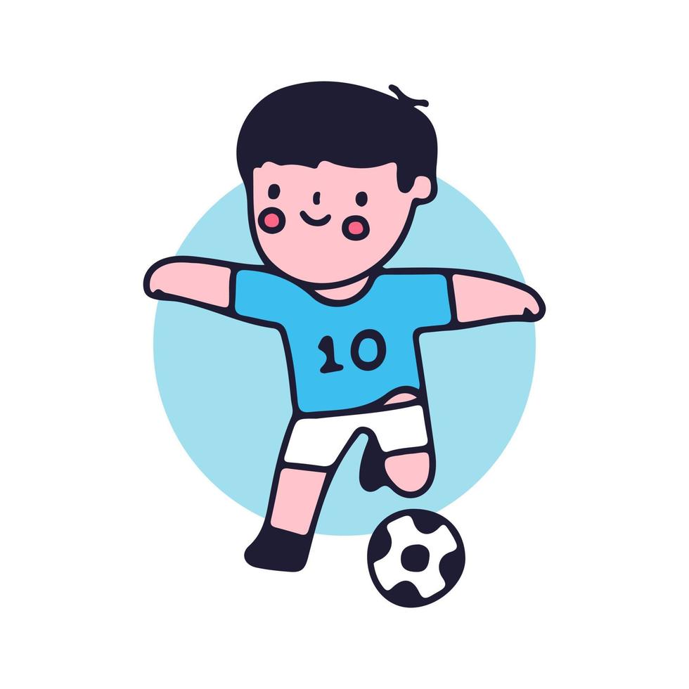 söt liten pojke spelar fotboll. perfekt förskola barn, barn, hälsning. vektor