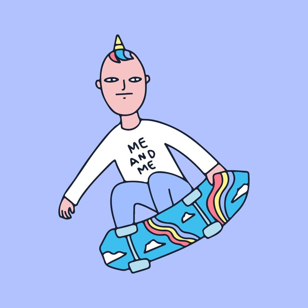 Einhorn-Mann-Freestyle mit Skateboard, Illustration für T-Shirt, Aufkleber oder Bekleidungswaren. mit Retro- und Cartoon-Stil. vektor