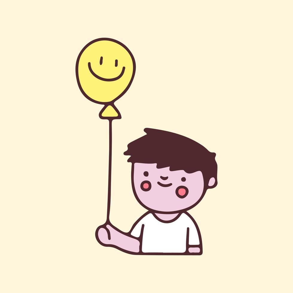 süßer kleiner junge, der ballonkarikatur hält. illustration für perfekte kindergartenkinder, kinder, gruß. vektor