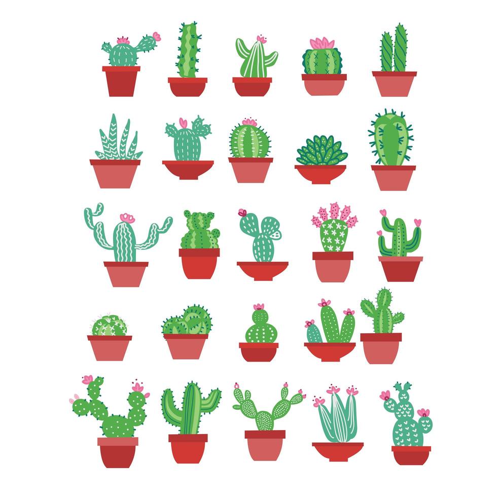 kaktus ikoner i en platt handritad stil på en vit bakgrund. hem gröna växter kaktus med blommor i krukor. en mängd olika dekorativa kaktusar med taggar. vektor