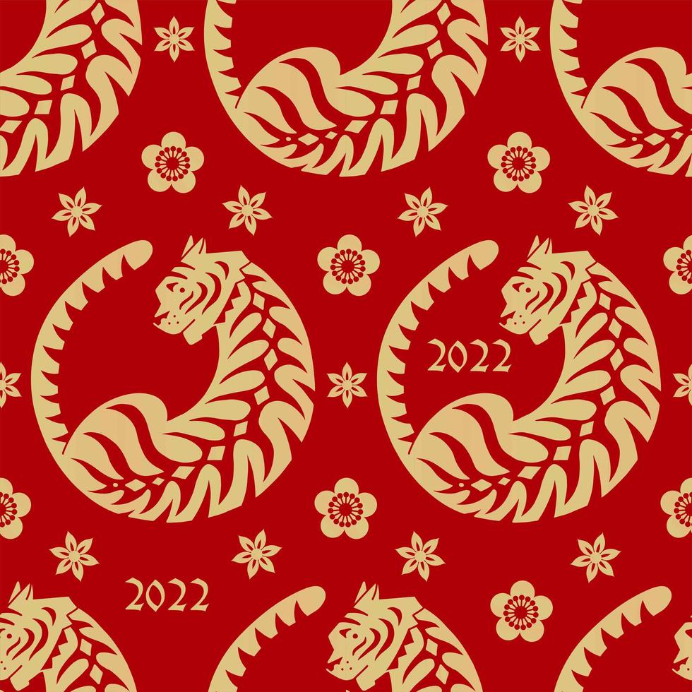 nahtloses muster mit chinesischem neujahr 2022 tierkreisjahr des tigerzeichens mit floralen asiatischen elementen. roter und goldener hintergrund mit tier und blumen. Vektor-Illustration. vektor