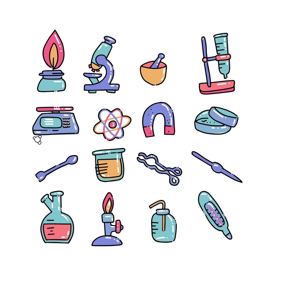 uppsättning av laboratorieutrustning i platt färg beskrivs doodle stil. handritad barnslig kemi och vetenskap ikoner set. element, verktyg, provrör. reaktionsforskning, utbildning, medicinska grejer vektor