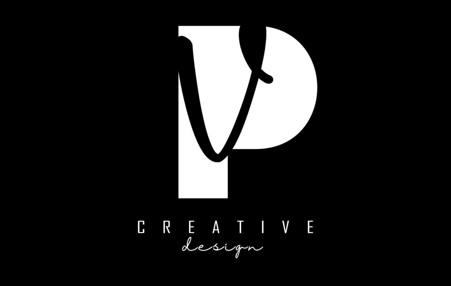 PV-Logo in weißen und schwarzen Buchstaben mit minimalistischem Design. buchstaben p und v mit geometrischer und handschriftlicher typografie. vektor