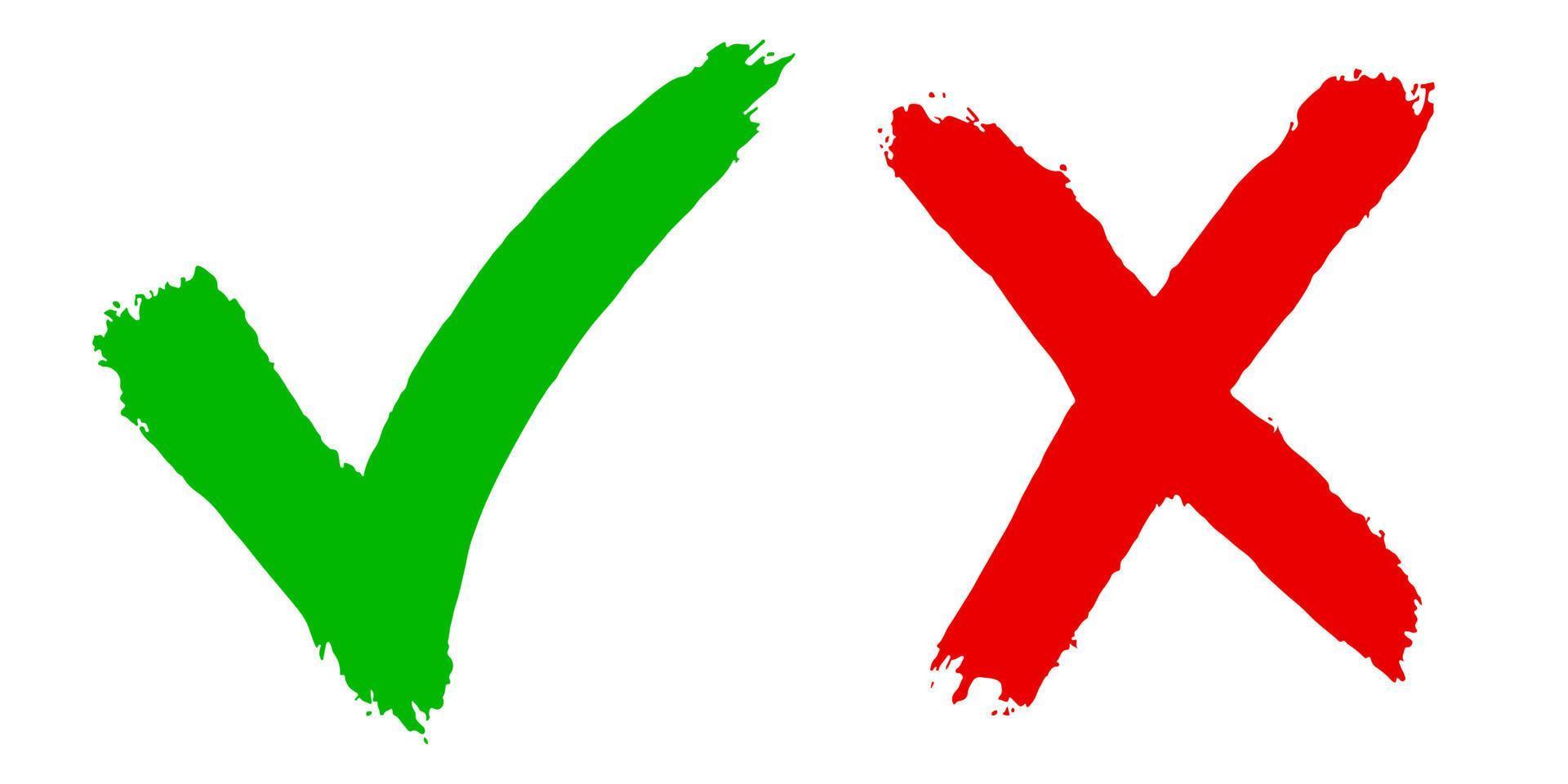 rätt och fel ikon. handritad av grön bock och rött kors isolerad på vit background.vector illustration. vektor