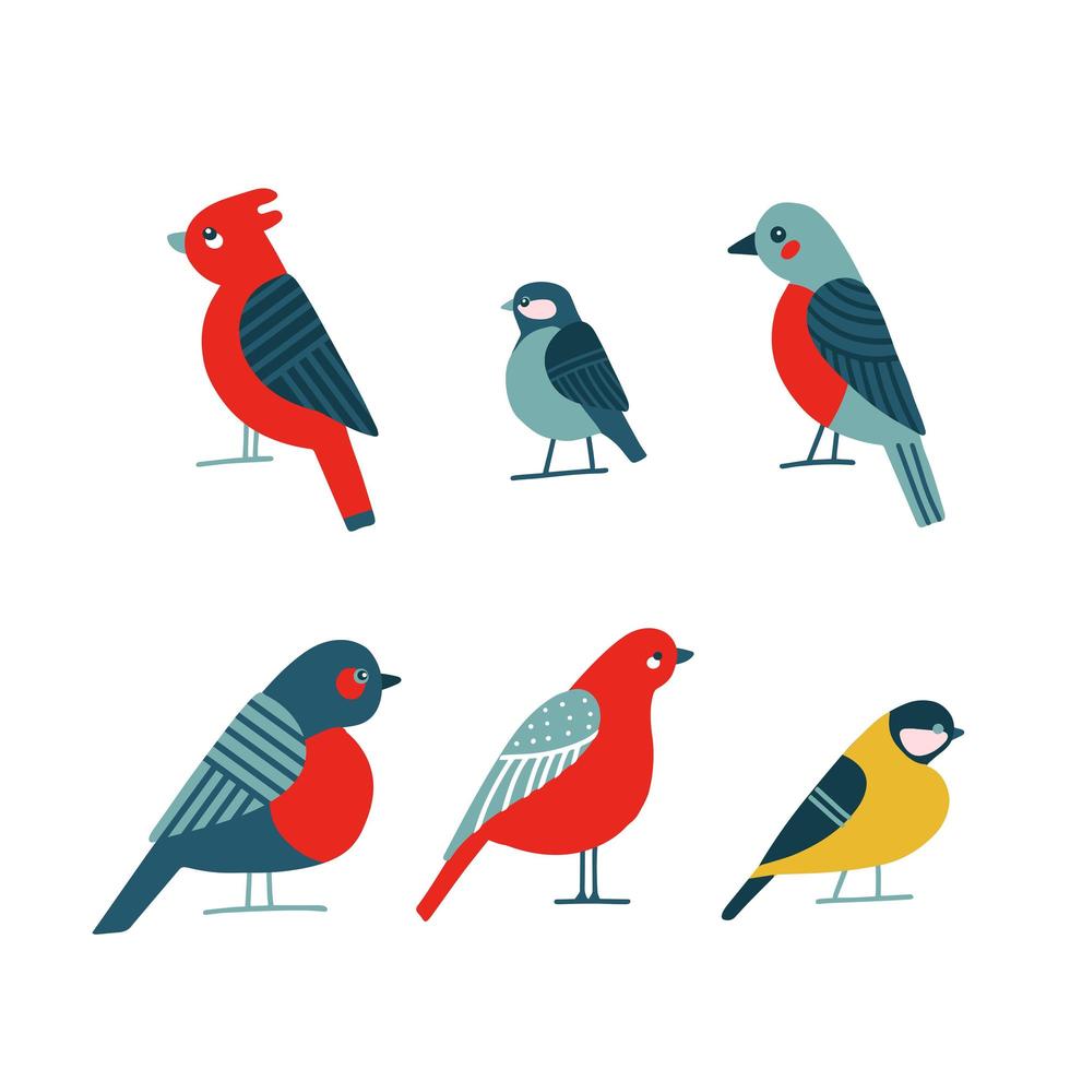 Symbolsatz für Vogelbeobachtung. roter nördlicher kardinal, robin meise vogelhaltung. flacher vektor der abstrakten flachen karikatur. Stadtpark Hinterhof Vögel Zeichen. minimalistisches schlichtes Design. Wildlife-Banner-Element.