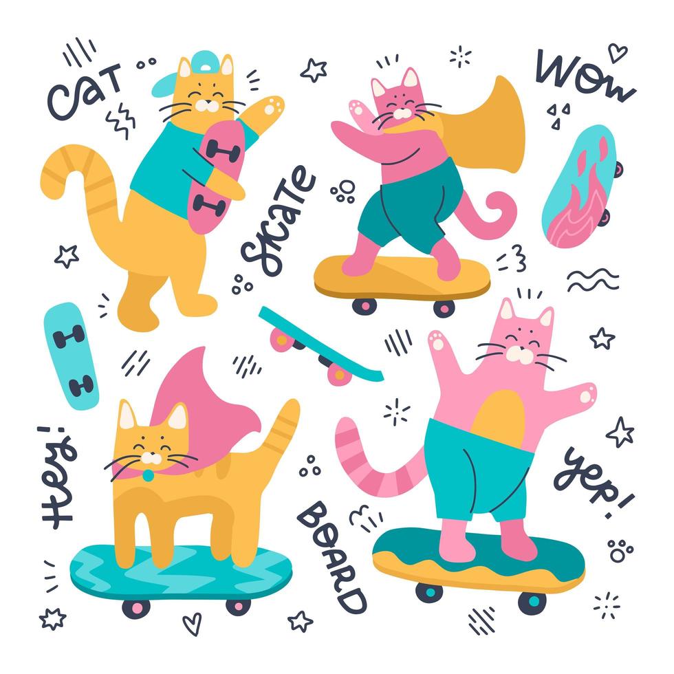 Set von Katzen-Skateboardern und verschiedenen Skateboards. vektorflache illustration lokalisiert auf einem weißen hintergrund mit gekritzeldekor und beschriftung vektor
