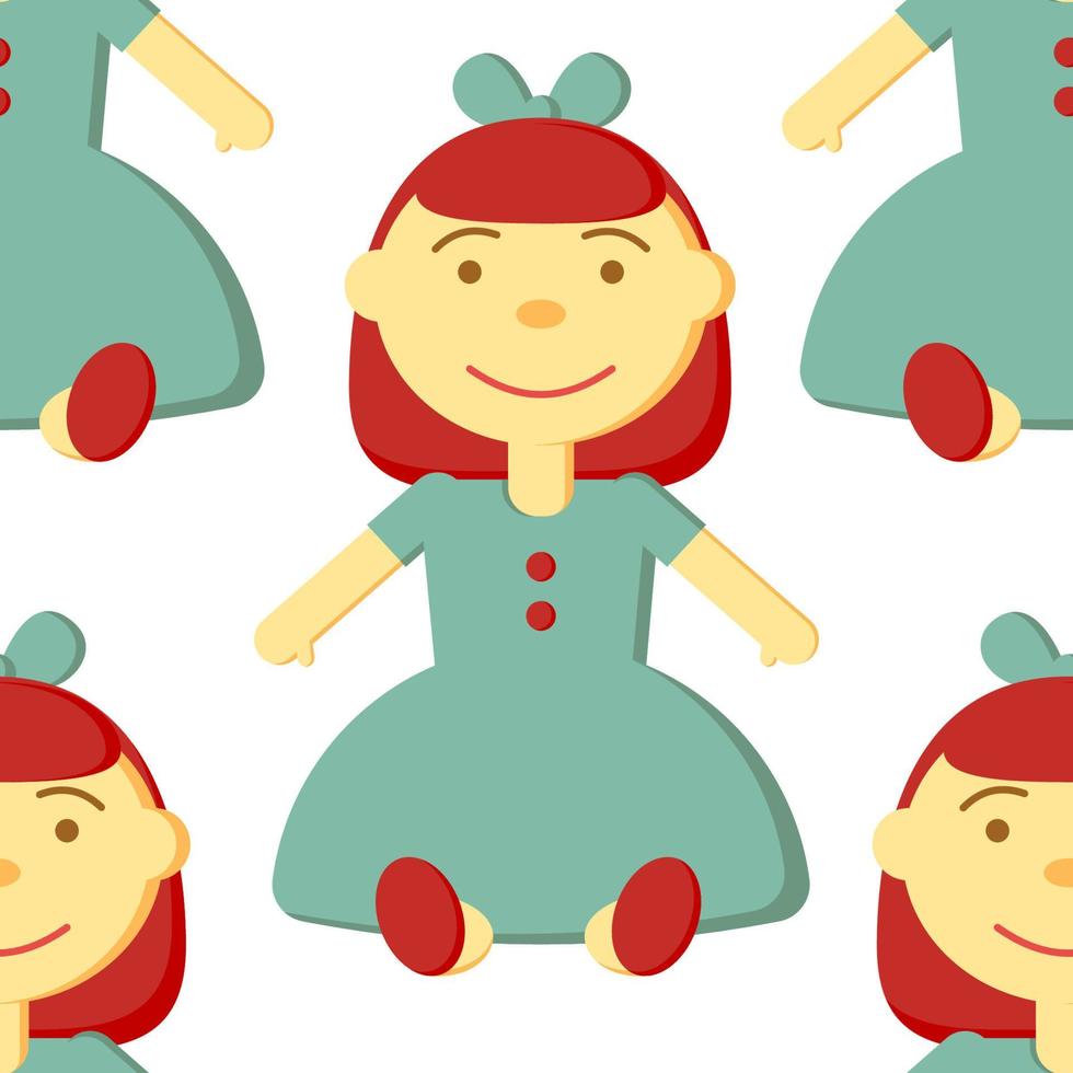 Kinder Spielzeug Vektor Musterdesign. Puppenhintergrund. kinderfarbene textur zum verpacken, tapeten, textilien. grüne, rote, orange, braune Farben.