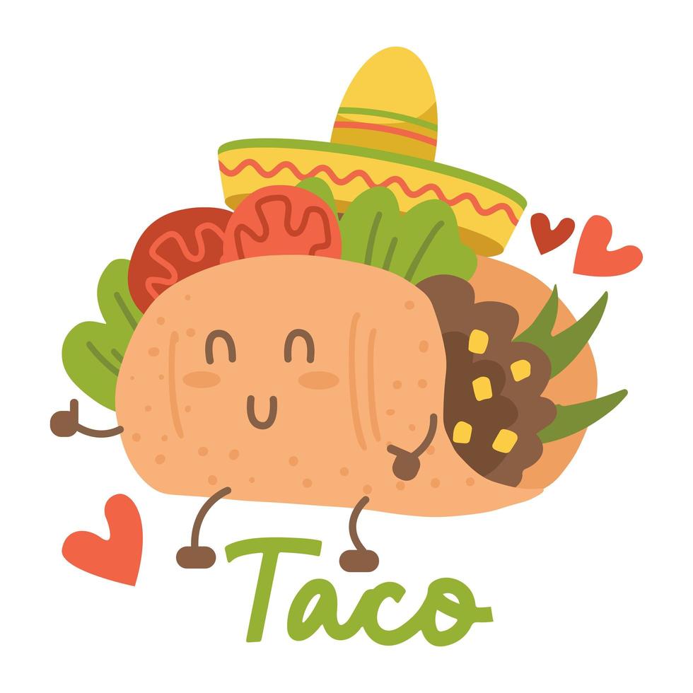 leende kawaii eyed taco dans mexikansk sombrero hatt. tecknad vektorillustration isolerad på vit bakgrund. humaniserad mexikansk taco som har roligt vektor