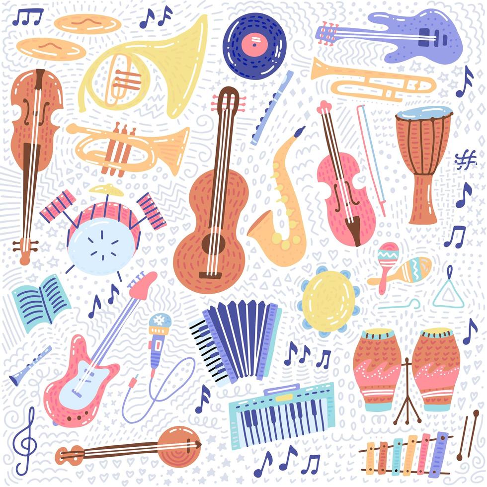 stor musik set musikinstrument och symboler ikoner samlingar. tecknade ljud konceptelement. noter med piano, gitarr, fiol, trumpet, trumma, saxofon och harpa. handritad doodle vektor