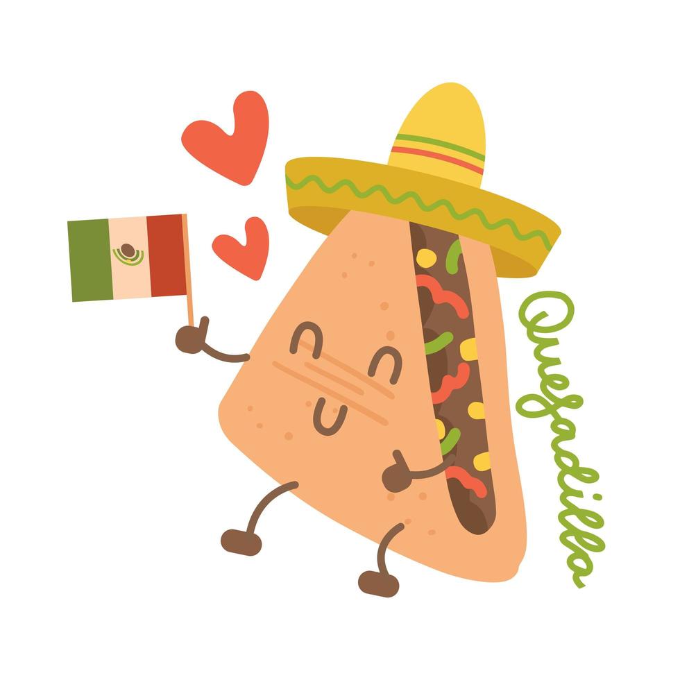 lustige Quesadilla-Zeichentrickfigur im mexikanischen Hut mit kawaii Gesicht, Händen und Beinen. handgezeichnetes süßes Emoji. vektorflache emoticonillustration des mexikanischen fastfoods. vektor