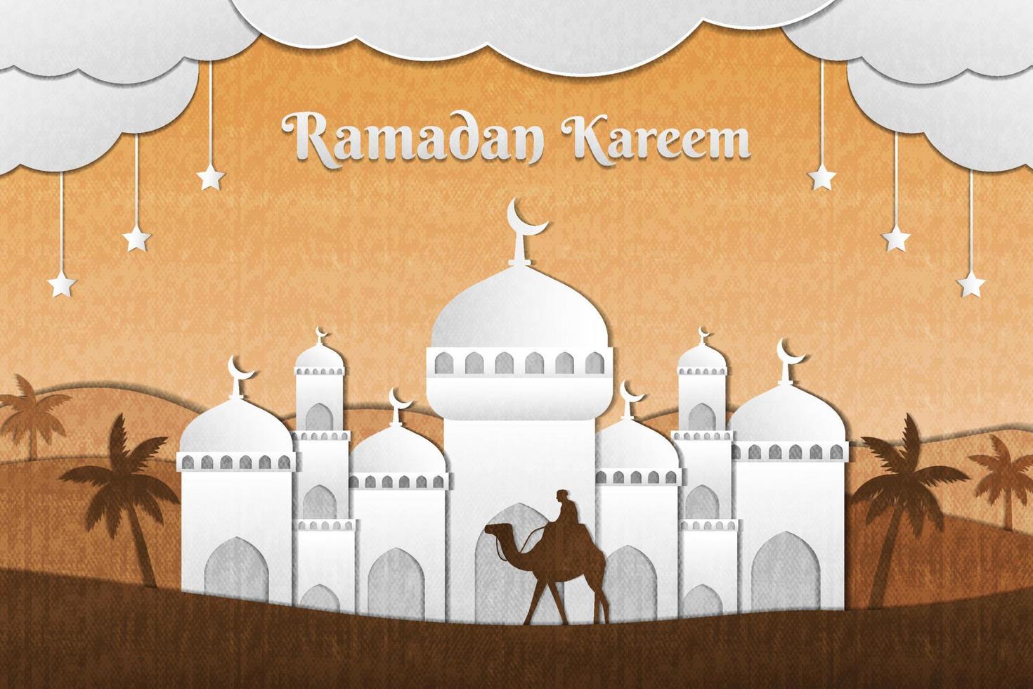 ramadan kareem illustration bakgrund med papperskonstmoské, dadelträd och kamel i öknen vektor