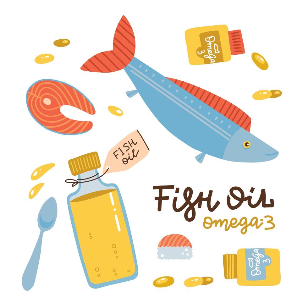 Fischöl-Symbole im flachen Stil isoliert auf weißem Hintergrund. gesundes lachssteak, sushi, fischöl in der flasche und softgel-pillen. vektor handgezeichnete illustration.