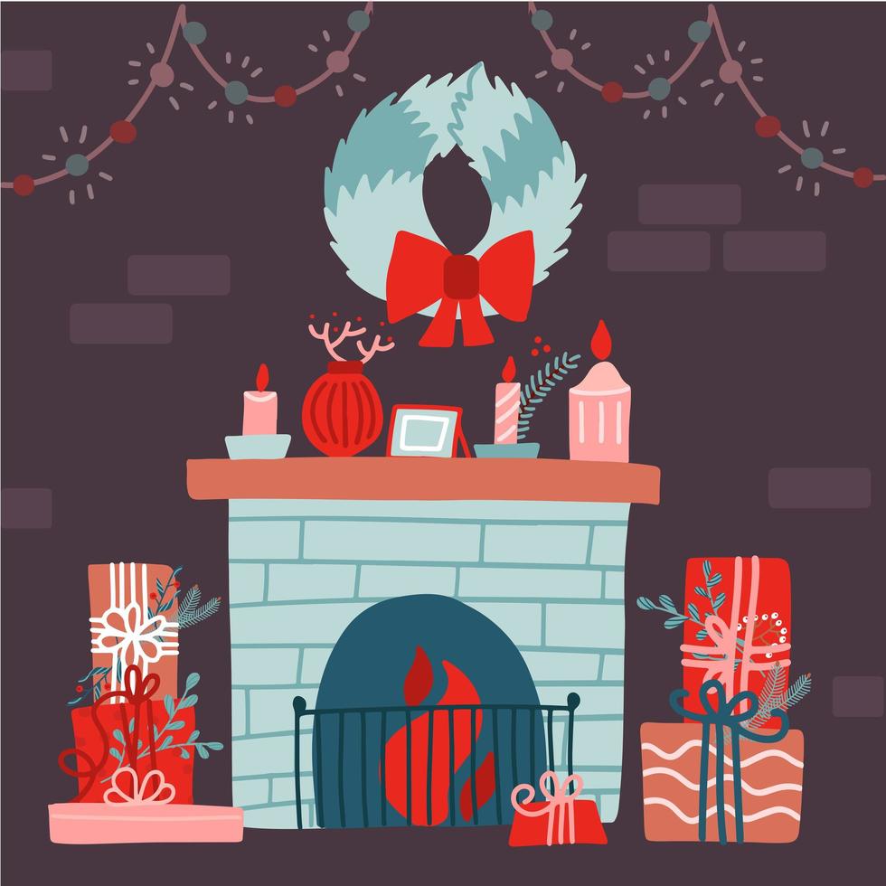 vektorillustration eines weihnachts-, neujahrs-dekorierten zimmers mit backsteinmauer, kamin, blumenkranz, geschenkboxen. festliches weihnachtsinterieur. flache vektorillustration. vektor