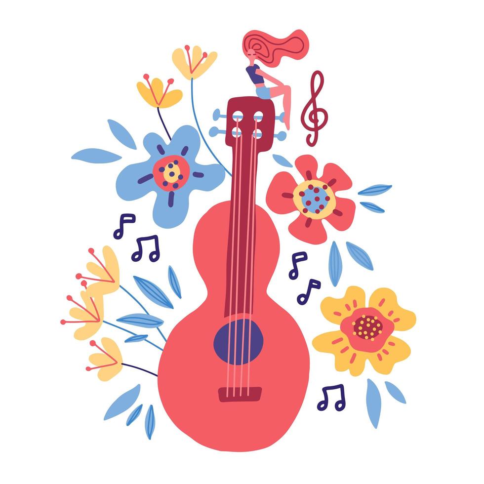 gitarr platt handritad vektorillustration. musikinstrument butik affisch design idé. tecknad gitarr med blommor, anteckningar, löv isolerad på vit bakgrund. rockband prestanda, banner mall vektor