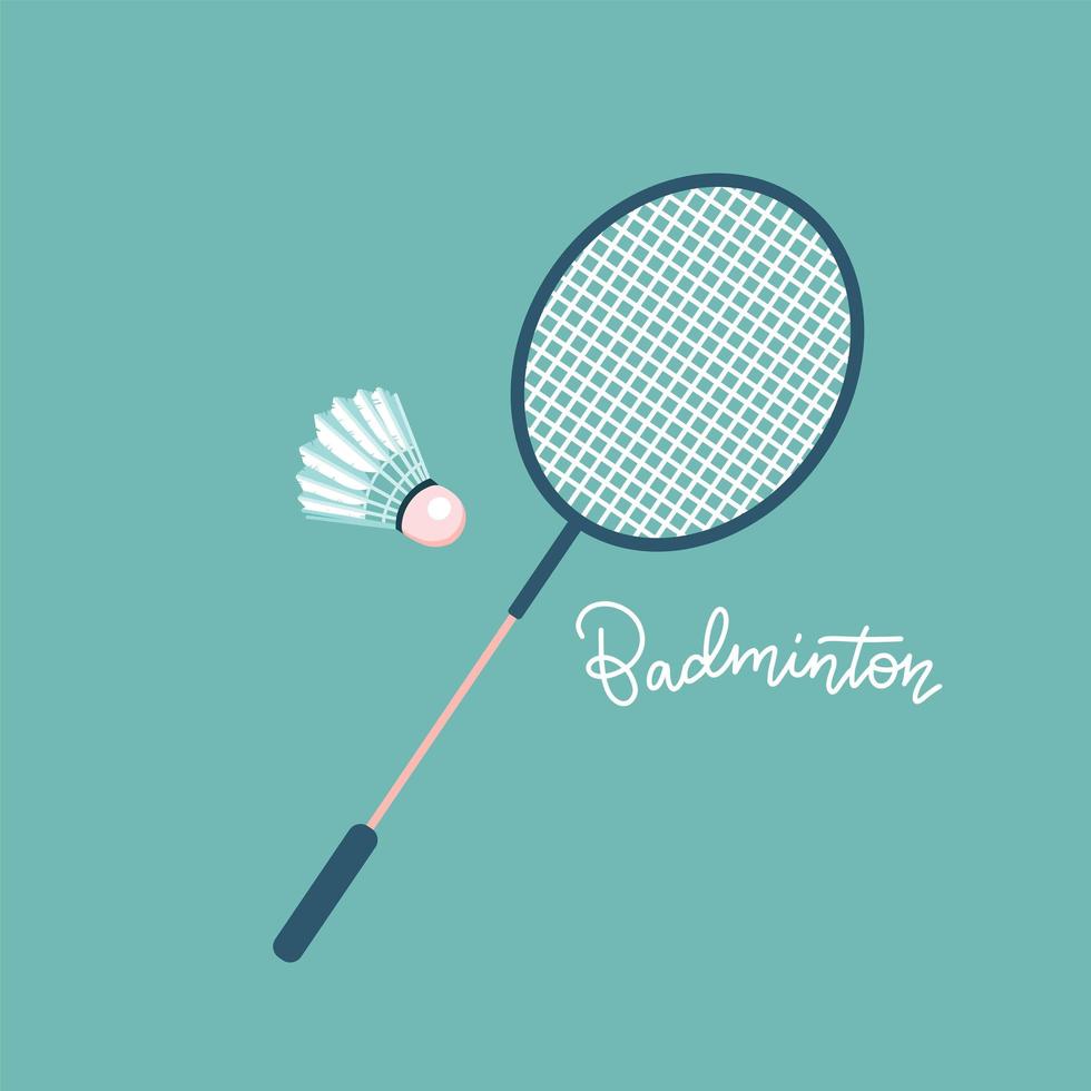 badmintonracket och fjäderbollar. ikon i platt design med bokstäver. sport bakgrund. platt vektor illustration. bakgrund för design av mobil, webbapp och tryckt material