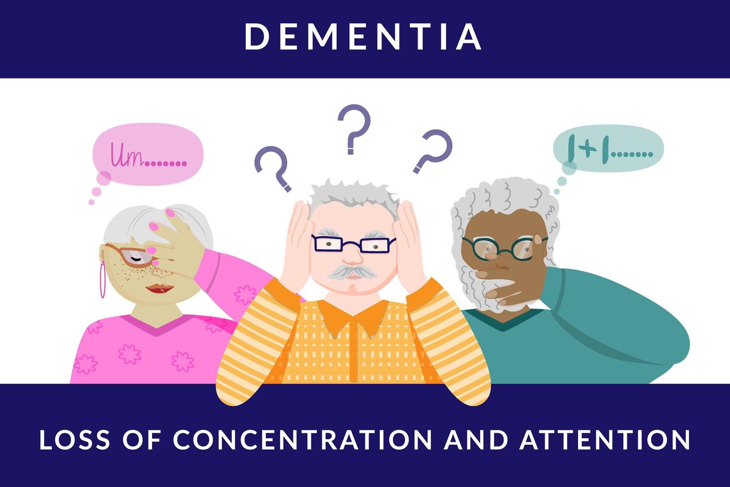 Alzheimers demenssymptomkomposition med en uppsättning mänskliga karaktärer hos äldre. söta gamla människor av olika raser och kön med samma sjukdom. Den 21 september är en dag för att bekämpa demens. vektor