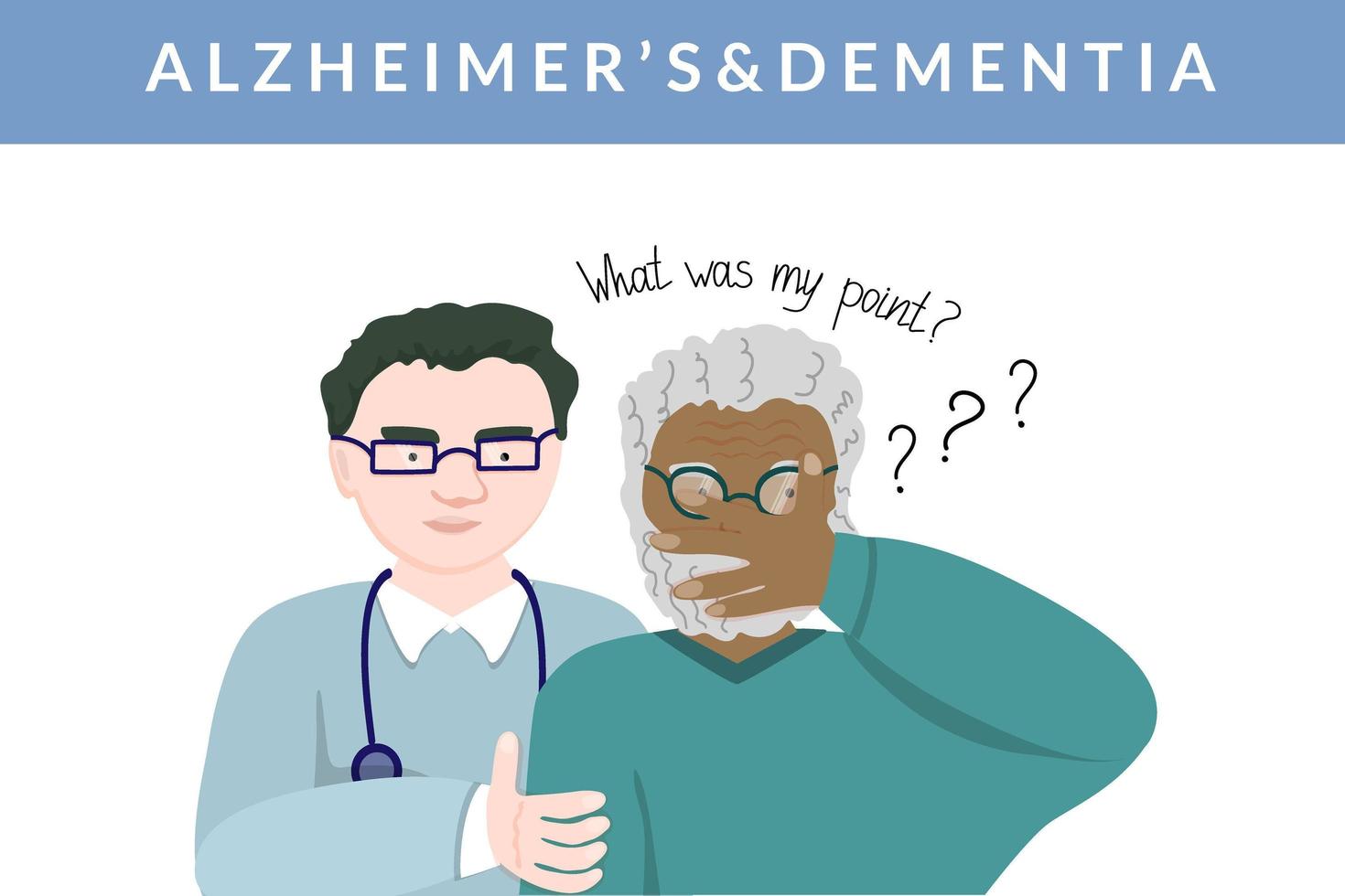 begreppet sjukvård för demens och alzheimer hos äldre. en läkare stödjer en patient med demens. människor av olika raser. Den 21 september är det demensdag. vektor