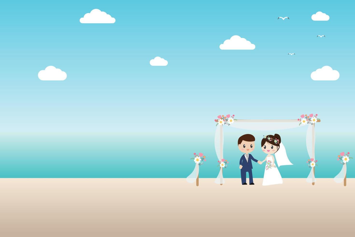 Hochzeitspaar am Strand mit Blumendekorationshintergrund mit Kopienraum-Vektorillustration eps10 vektor