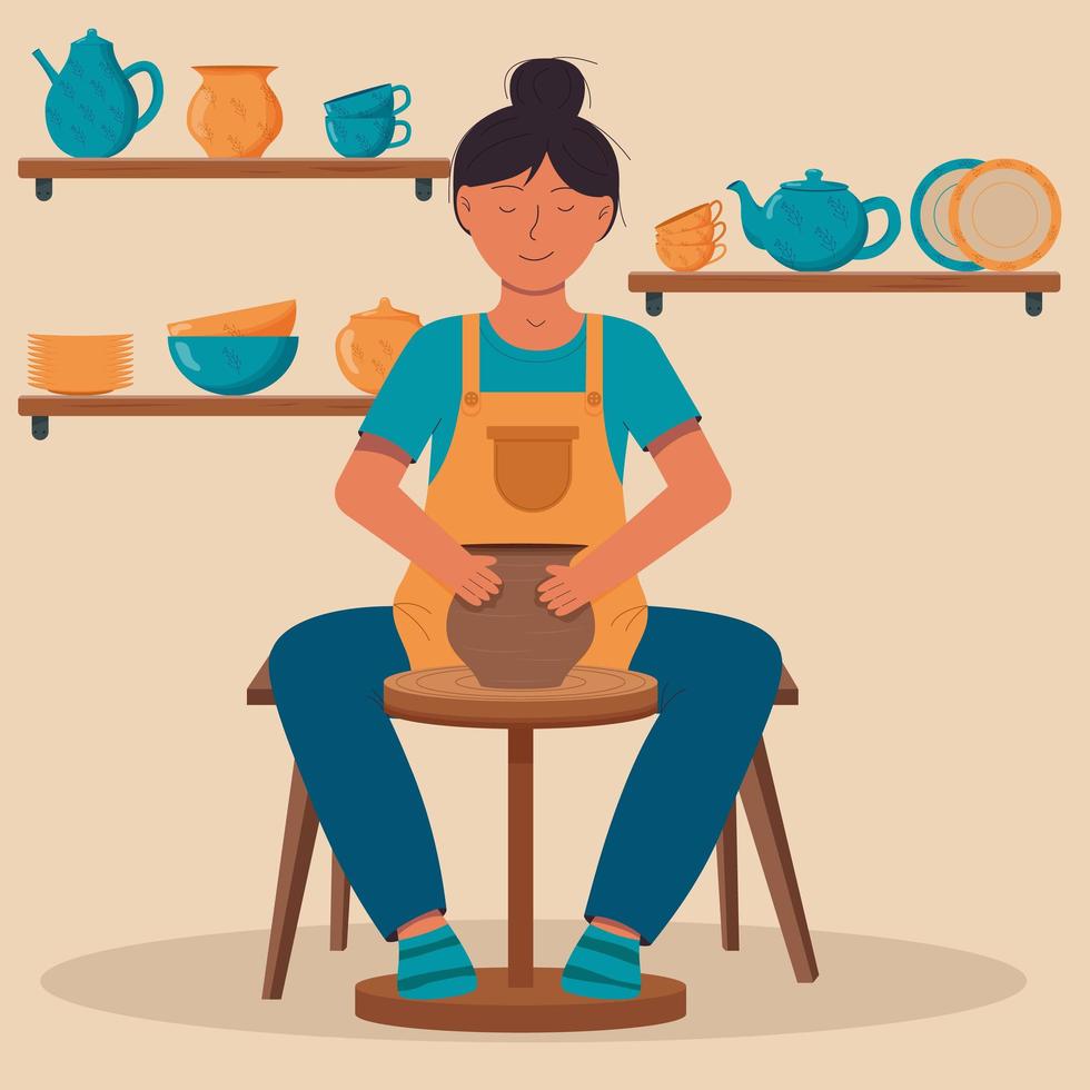 kvinna som gör keramik på ett keramikhjul. keramikverkstad, keramikhobby. keramisk hantverksmästare. keramiska köksartiklar. handgjorda keramiska tallrikar, muggar, sockerskål, tekannor, fat. vektor