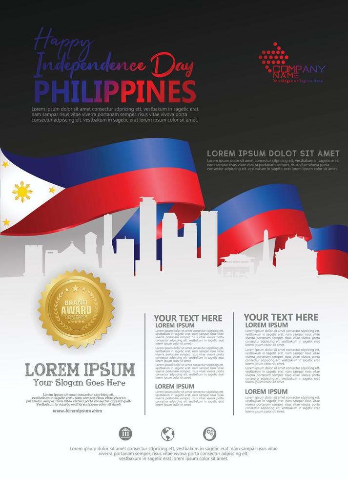 philippinischer glücklicher nationaltag hintergrundvorlage mit bandfahnen und silhouettenstadt für ein plakatblatt und eine broschüre vektor