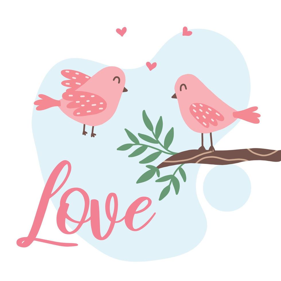 söt illustration av två förälskade fåglar. vårens vykort. kärlek. söt rosa fågel på en gren. vektor gratulationskort i en handritad stil.