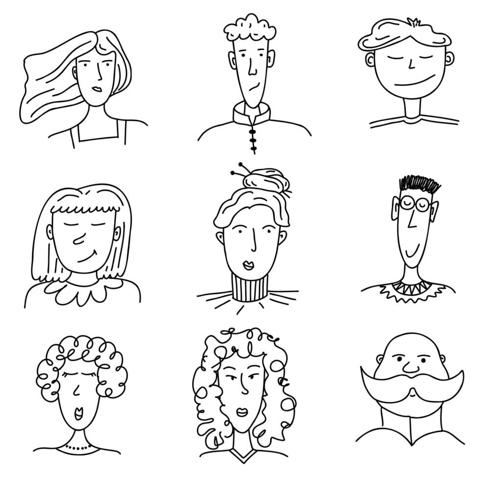 eine Reihe von Silhouetten von Gesichtern im Doodle-Stil für Avatare vektor