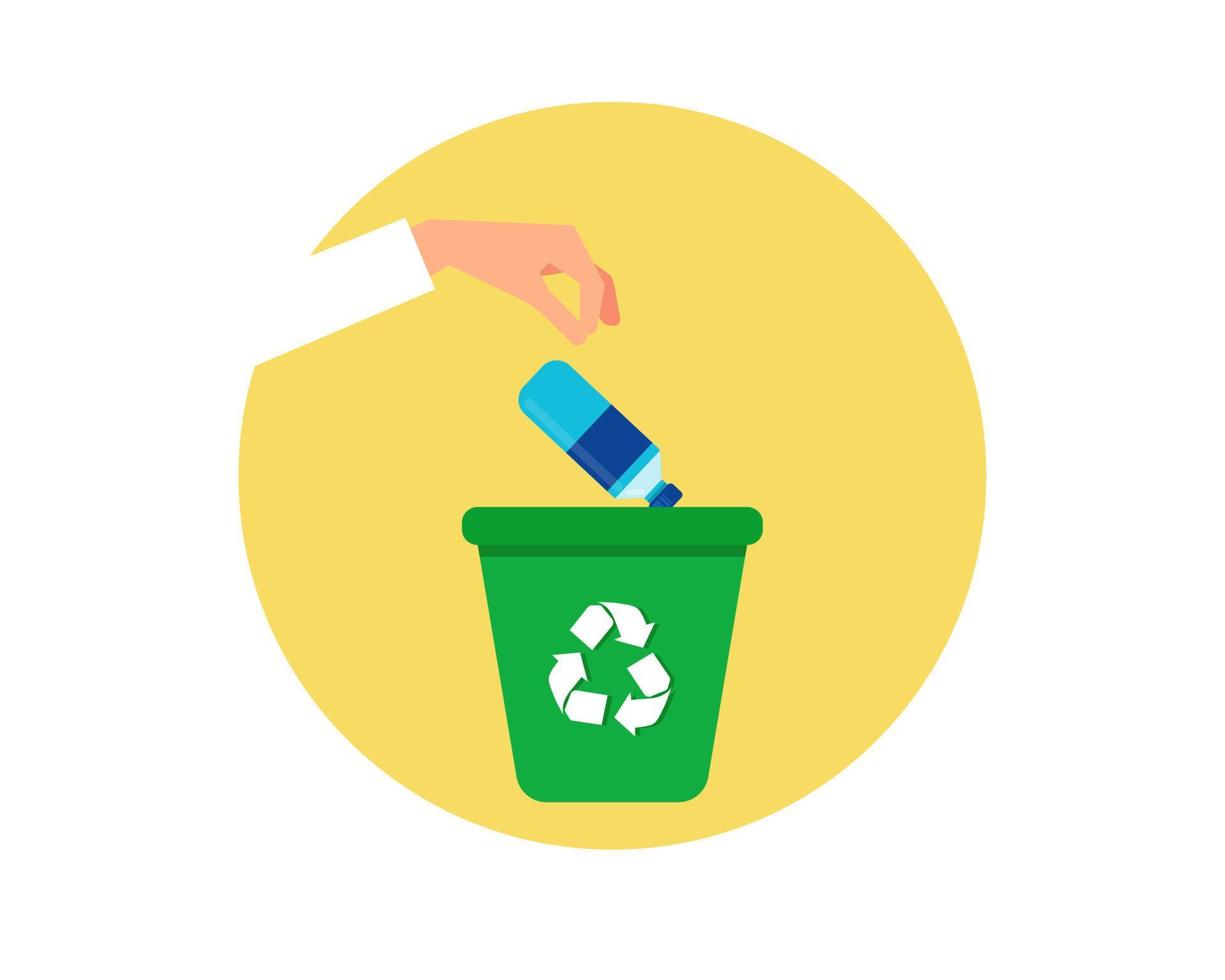 Eine Hand wirft eine Plastikflasche in den Papierkorb. Recycling-Management-Konzept für Verschmutzungsabfälle. Cartoon-Vektor-Stil für Ihr Design. vektor
