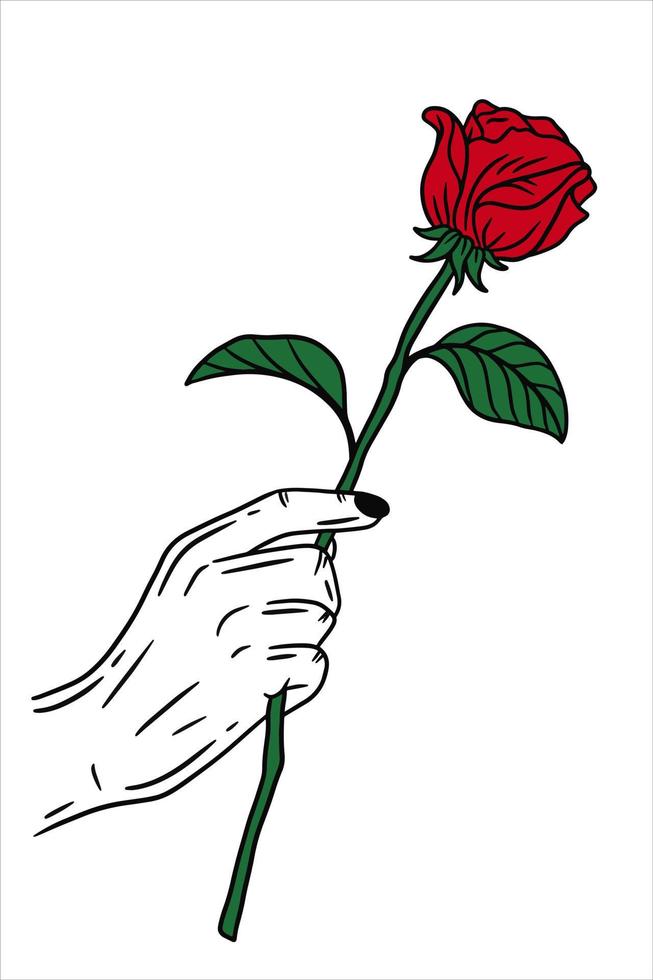 frauenhand, die rosenblumengeste flache linie kunstillustration hält vektor