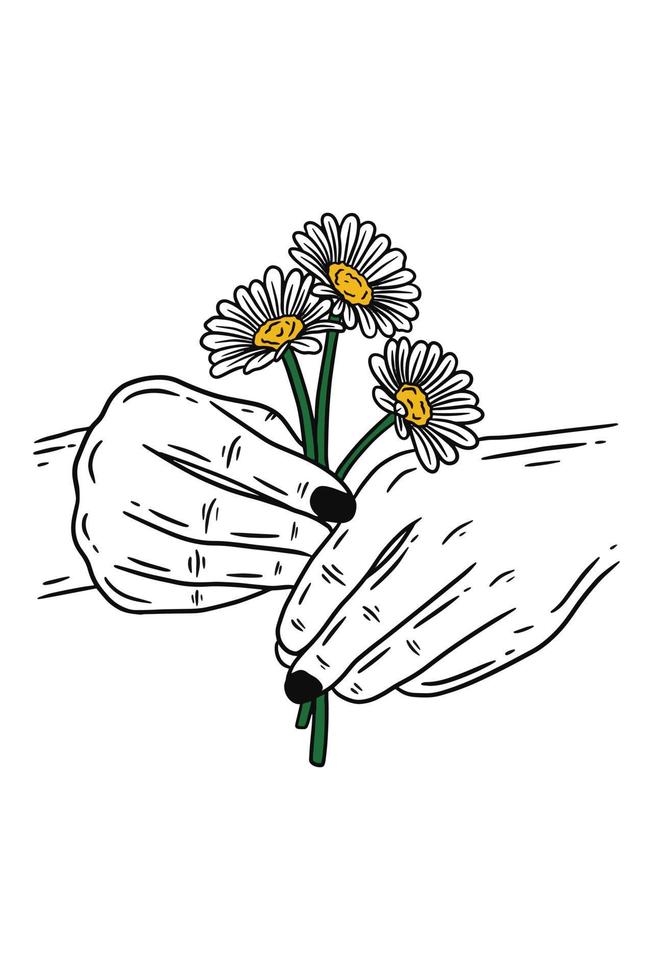 frauenhand, die rosenblumengeste flache linie kunstillustration hält vektor