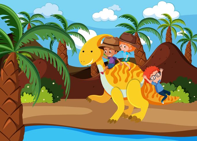 Kinder, die einen Dinosaurier reiten vektor