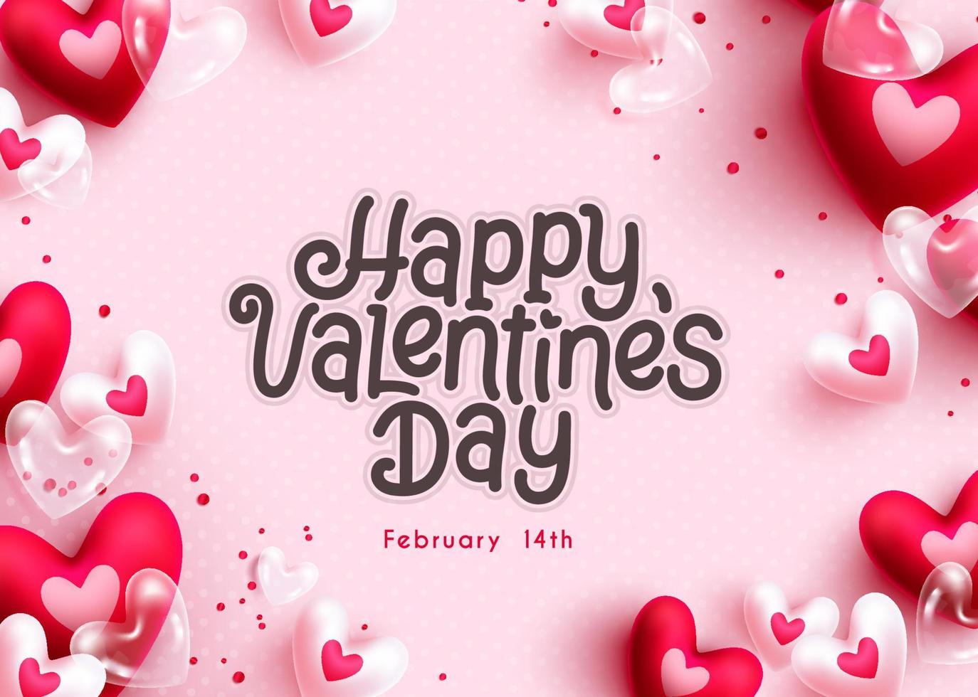 Valentinstag Gruß Vektor Hintergrunddesign. glücklicher valentinstagtext im leeren raum mit herzballonelementen