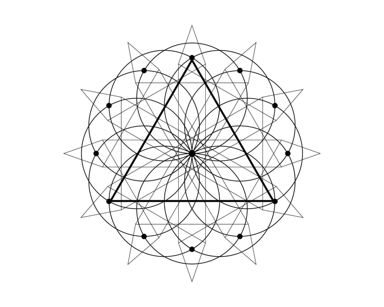 helig geometri magisk triangelsymbol, tredje ögat tecken. geometrisk mystisk mandala av alkemi esoteriska livets blomma. svart linje konst vektor cirkel gudomlig meditativ amulett isolerad på vit bakgrund