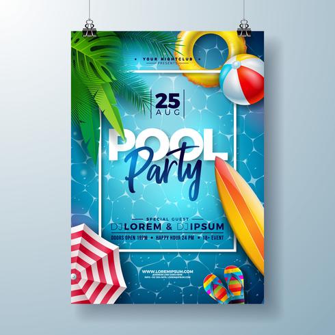 Sommarpoolparty affischdesign mall med palmblad, vatten, strandboll och flottör på blått havslandskapsbakgrund. vektor