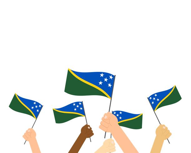 Vector Illustration von den Händen, die Solomon Islands-Flaggen lokalisiert auf weißem Hintergrund halten