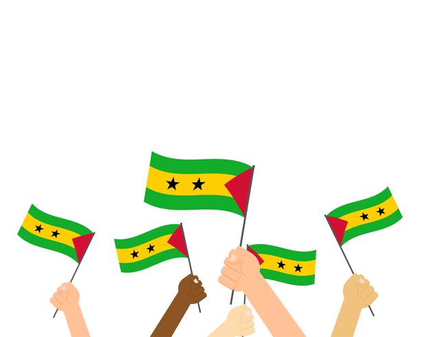 Vector Illustration von den Händen, die Sao Tome- und Principe-Flaggen lokalisiert auf weißem Hintergrund halten