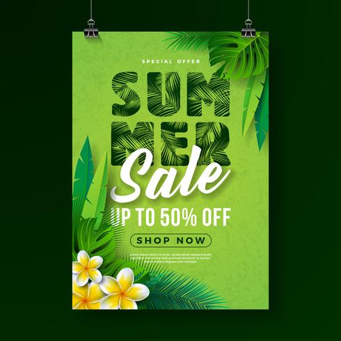 Sommarförsäljning affischdesign mall med blomma och exotiska löv på grön bakgrund. Tropisk blom vektor illustration med specialtyp typografi för kupong