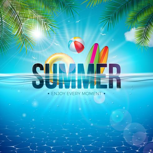 Vector Summer Illustration med Beach Ball, Palm Leaves, Surf Board och 3d Typografi Brev på Undervattens Blue Ocean Background. Realistisk sommarferie semesterdesign