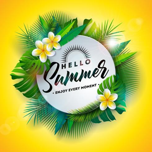 Hallo Sommer-Illustration mit Typografie-Buchstaben und tropischen Pflanzen auf gelbem Hintergrund. Vektor-Feiertags-Design mit exotischen Palmblättern und Phylodendron vektor