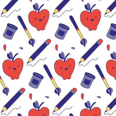 Nettes Muster mit Bleistift, Apfel, Pinsel und Stift über die Schule vektor