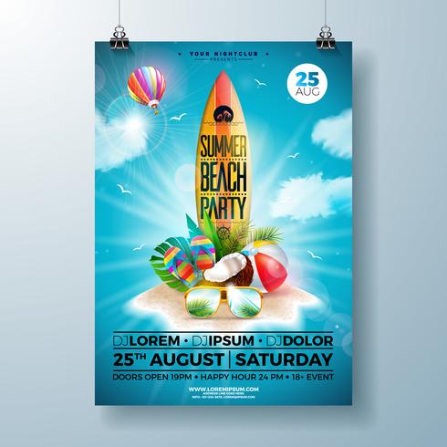 Summer Beach Party Flyer Design med blomma, strandboll och surfbräda. Vektor Sommar natur blommiga element, luftballong, tropiska växter och typografi brev på blå molnig himmel bakgrund