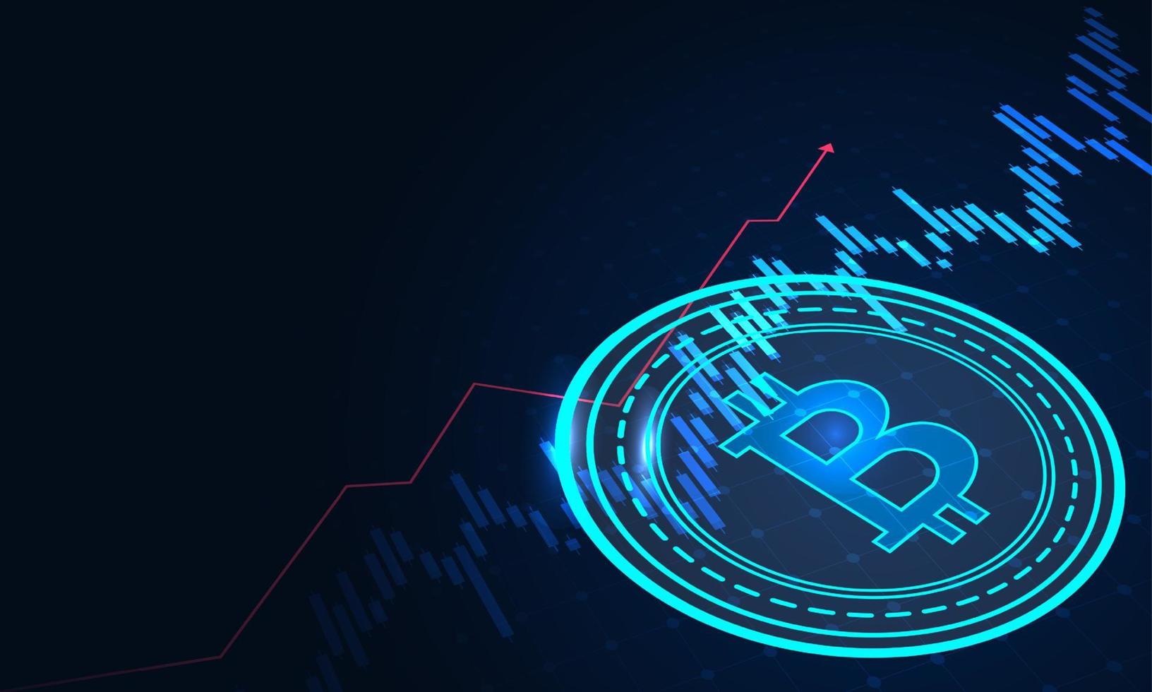 Wachstum der Aktien des Bitcoin-Geschäfts. Diagramm zeigt einen starken Anstieg des Bitcoin-Preises. Investitionen in virtuelle Vermögenswerte. Anlageplattform mit Charts und Bitcoin-Münzen. Vektordesign vektor