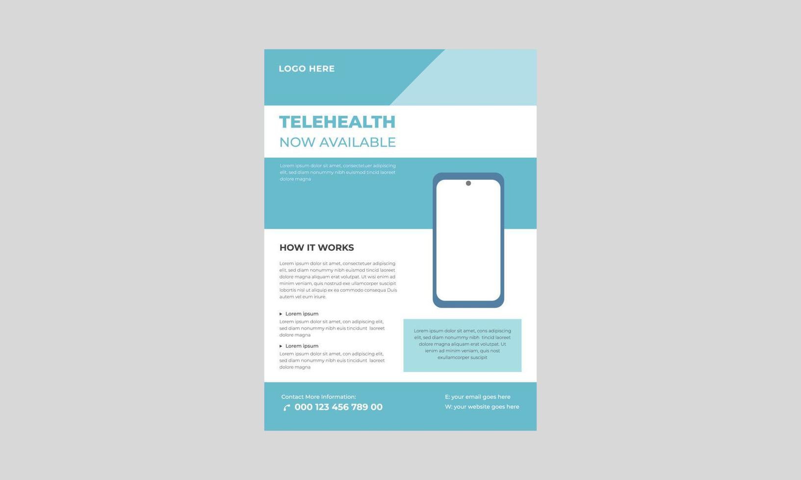 Telemedizin-Flyer-Vorlage, Telemedizin-Flyer-Designvorlage, Bereitstellung von Ferngesundheitsdiensten. flyer, broschüre, broschürendruck, cover-design mit linearen symbolen. Vektor