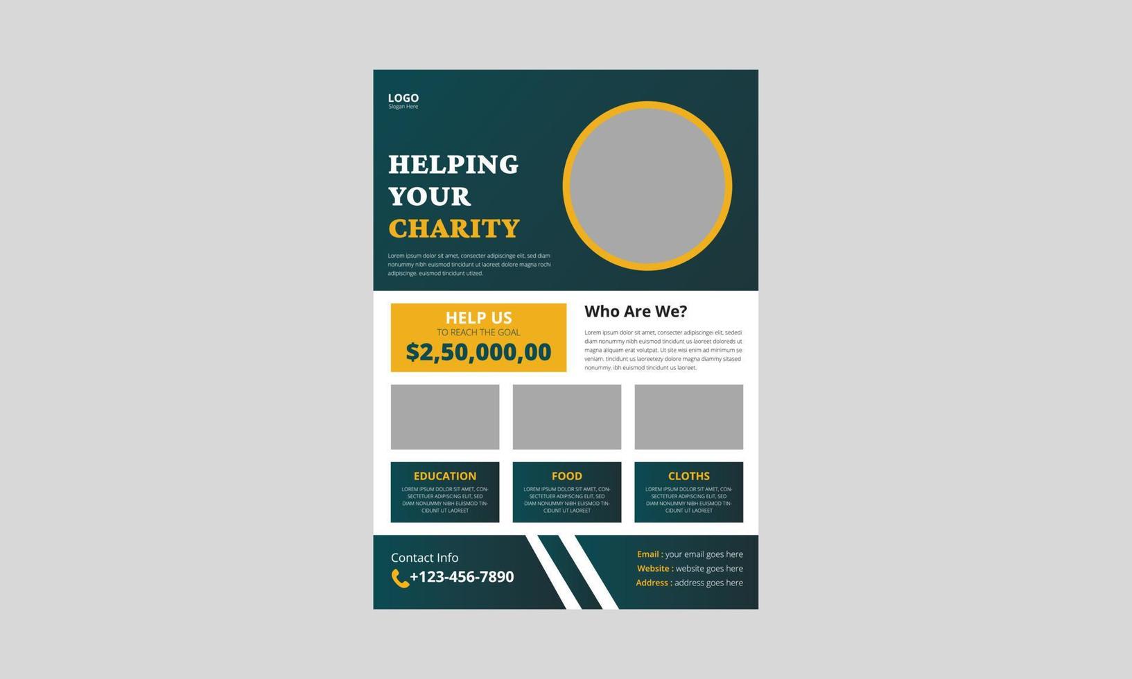 Flyer-Vorlage für wohltätige Zwecke. Beispiele für Wohltätigkeits-Flyer. Fundraising-Poster-Broschürenvorlage. Unterstützung bei der Gestaltung von Wohltätigkeitsplakaten. Cover, A4-Format, Flyer, druckfertig vektor